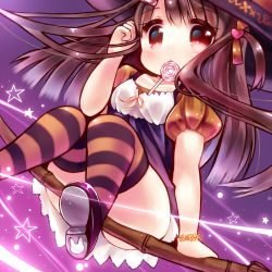 Rule 34 | 1girl, blush, bow, bracelet, broom, broom riding, brown hair, candy, dearoliha, dress, food, halloween, hat, heart, highres, jewelry, lollipop, long hair, looking at viewer, mouth hold, original, puffy short sleeves, puffy sleeves, shoes, short dress, short sleeves, solo, star (symbol), striped clothes, striped thighhighs, swirl lollipop, thighhighs, thighs, witch, witch hat