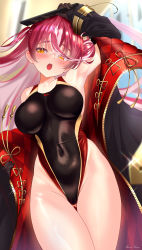 Rule 34 | 1girl, black gloves, black one-piece swimsuit, breasts, coat, commentary request, competition swimsuit, covered navel, cowboy shot, gloves, gluteal fold, hair bun, highleg, highleg swimsuit, highres, hololive, houshou marine, long hair, looking at viewer, medium breasts, mizuno kurage, multicolored clothes, multicolored swimsuit, one-piece swimsuit, red coat, red hair, solo, swimsuit, thigh gap, virtual youtuber, yellow eyes