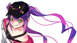 Rule 34 | 1girl, absurdres, baseball cap, black hat, ear piercing, fang, fang out, floating hair, from above, green eyes, gud luck, hat, highres, hololive, looking up, negative space, piercing, pointy ears, purple hair, solo, tokoyami towa, twintails, virtual youtuber
