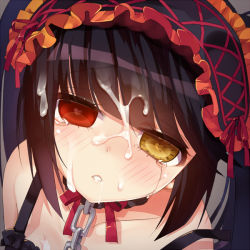 Rule 34 | 10s, 1girl, bad id, bad pixiv id, bare shoulders, black hair, chain, choker, clock eyes, cum, date a live, facial, hairband, heart, heart-shaped pupils, heterochromia, lolita fashion, lolita hairband, looking at viewer, mvv, parted lips, red eyes, solo, symbol-shaped pupils, tears, tokisaki kurumi, twintails, yellow eyes