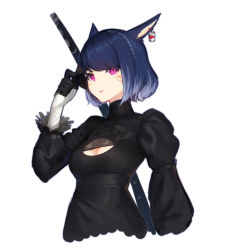 Rule 34 | 1girl, absurdres, animal ears, bandages, bandaged arm, bandages, black gloves, blue hair, braid, breasts, cat ears, cleavage, cleavage cutout, clothing cutout, cosplay, cropped torso, crown braid, earrings, facial mark, final fantasy, final fantasy xiv, gloves, hand up, highres, jewelry, juliet sleeves, long sleeves, looking at viewer, miqo&#039;te, nai (daiduolaoge), nier (series), nier:automata, parted lips, puffy sleeves, purple eyes, short hair, simple background, slit pupils, small breasts, smile, solo, sword, upper body, weapon, weapon on back, whisker markings, white background, 2b (nier:automata), 2b (nier:automata) (cosplay)