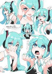 Rule 34 | 1girl, absurdres, aqua eyes, aqua hair, aqua nails, aqua necktie, bare shoulders, black skirt, black sleeves, chibi, collarbone, commentary, detached sleeves, from side, furrowed brow, gesture request, hair ornament, hand on own chin, hands up, hatsune miku, headphones, highres, kinosuke (pattaba), leaning forward, long hair, looking at viewer, looking up, miniskirt, multiple views, nail polish, necktie, ok sign, ok sign over eye, open mouth, pleated skirt, shirt, shoulder tattoo, signature, skirt, sleeveless, sleeveless shirt, smile, sparkle, speech bubble, sweat, tattoo, translated, twintails, upper body, very long hair, vocaloid, waving, white background, white shirt