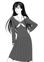 Rule 34 | 00s, 1girl, ascot, dress, greyscale, hand on own hip, long hair, long sleeves, looking to the side, maria-sama ga miteru, monochrome, ogasawara sachiko, parted lips, sailor dress, school uniform, simple background, solo, white background