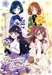 Rule 34 | 4girls, ahoge, belt, black hair, blue eyes, blue flower, blue hair, blush, bouquet, brown hair, commentary, delicious party precure, earrings, english commentary, english text, floral print, flower, flower earrings, fuwa kokone, green eyes, hair flower, hair ornament, hair rings, hairclip, hanamichi ran, highres, holding, holding bouquet, jewelry, kasai amane, long hair, long sleeves, multiple girls, nagomi yui, official art, open mouth, pink flower, precure, purple eyes, purple flower, purple skirt, red eyes, short hair, skirt, smile, third-party source, two side up, white skirt, yellow flower