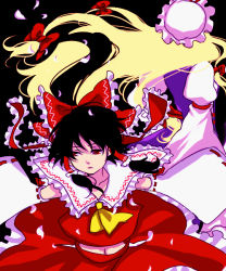 Rule 34 | 2girls, black hair, blonde hair, bow, cherry blossoms, detached sleeves, dress, female focus, frills, frown, hair bow, hakurei reimu, hat, japanese clothes, long hair, midriff, miko, multiple girls, navel, nugaa, outstretched arms, petals, red eyes, spread arms, touhou, very long hair, yakumo yukari