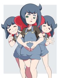 Rule 34 | 1girl, black shirt, blue hair, border, bow, closed eyes, constanze amalie von braunschbank-albrechtsberger, feet out of frame, green eyes, hair bow, index finger raised, little witch academia, multiple views, open mouth, overall shorts, overalls, own hands together, popopo, red bow, shirt, short sleeves, smile, waving, white border