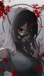 Rule 34 | 1girl, absurdres, black hair, black jacket, black shirt, breasts, closed mouth, fingernails, flower, grey background, hair between eyes, hand up, highres, jacket, jacket partially removed, large breasts, long hair, looking at viewer, muzzle, nail polish, open clothes, open jacket, original, petals, red eyes, red flower, red nails, shirt, sleeveless, sleeveless shirt, solo, up (osk50217), upper body