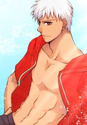 Rule 34 | 10s, 1boy, archer (fate), bad id, bad pixiv id, brown eyes, fate/extra, fate (series), hood, hoodie, jacket, male focus, mikicocha, open clothes, open jacket, red jacket, solo, white hair