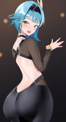 Rule 34 | 1girl, :d, absurdres, ass, ass focus, backless dress, backless outfit, bad id, bad pixiv id, black dress, black nails, blue hair, blush, butt crack, choker, clothing cutout, commentary request, dress, earrings, eula (genshin impact), from behind, genshin impact, gradient background, hairband, highres, jewelry, long sleeves, looking at viewer, looking back, mutsu ane daisuki, nail polish, open mouth, revision, simple background, smile, solo, teeth, upper teeth only, yellow eyes