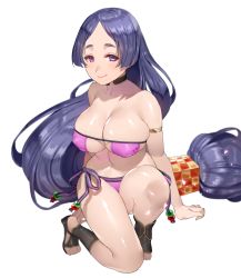 Rule 34 | 1girl, armlet, bikini, breasts, cleavage, covered erect nipples, eyepatch bikini, fate/grand order, fate (series), full body, highres, kneeling, large breasts, long hair, looking at viewer, low-tied long hair, minamoto no raikou (fate), minamoto no raikou (fate/grand order), minamoto no raikou (swimsuit lancer) (fate), navel, on one knee, parted bangs, purple bikini, purple eyes, purple hair, ruhee, side-tie bikini bottom, skindentation, smile, solo, strapless, strapless bikini, swimsuit, very long hair, white background