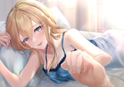 Rule 34 | 1girl, bed, blonde hair, blue eyes, blush, breasts, camisole, commentary request, eyelashes, genshin impact, hair between eyes, holding hands, jean (genshin impact), jura, long hair, looking at viewer, on bed, open mouth, pillow, pov across bed, sleepwear, waking up