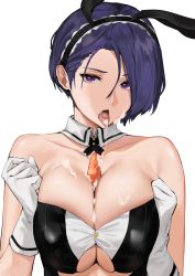 Rule 34 | 1girl, animal ears, bare shoulders, between breasts, breasts, rabbit ears, carrot, cleavage, clothing cutout, collarbone, detached collar, fake tail, fire emblem, fire emblem: three houses, food, gloves, hairband, highres, j@ck, large breasts, looking at viewer, nintendo, open mouth, purple eyes, purple hair, sexually suggestive, shamir nevrand, short hair, simple background, strapless, suggestive fluid, tail, tongue, tongue out, two-tone hairband, underboob, underboob cutout, upper body, white background, white gloves