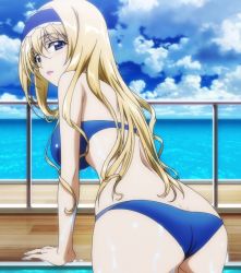 Rule 34 | 10s, 1girl, arm support, ass, bikini, blonde hair, blue bikini, blue eyes, blue hairband, bow, breasts, cecilia alcott, cloud, cloudy sky, day, from behind, hair bow, hairband, headdress, highres, infinite stratos, large breasts, long hair, looking at viewer, looking back, non-web source, ocean, open mouth, screencap, sky, solo, swimsuit, wet