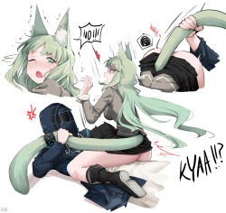 Rule 34 | 1boy, 1girl, anger vein, animal ear fluff, animal ears, arknights, ass, black skirt, blush, boots, cat ears, cat tail, clothes lift, doctor (arknights), english text, floating hair, gie (gienara), girl on top, green eyes, green hair, harmonie (arknights), highres, hood, hood up, hooded jacket, jacket, long hair, long sleeves, lying, mask, multiple views, no panties, on back, one eye closed, open mouth, simple background, sitting, sitting on person, skirt, skirt lift, straddling, tail, tail grab, very long hair, white background