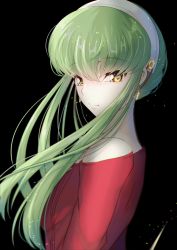 Rule 34 | 1girl, absurdres, black background, budgiepon, c.c., closed mouth, code geass, cosplay, floating hair, from side, green hair, hair between eyes, hairband, highres, long hair, looking at viewer, off-shoulder shirt, off shoulder, red shirt, shirt, smile, solo, spy x family, upper body, white hairband, yellow eyes, yor briar, yor briar (cosplay)