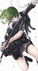 Rule 34 | 1girl, absurdres, belt, black dress, black footwear, black gloves, black skirt, boots, breasts, cowboy shot, crossed arms, dress, foot out of frame, gloves, green hair, grey eyes, hair between eyes, head tilt, high side ponytail, highres, holding, holding polearm, holding weapon, jumping, medium breasts, medium hair, muginosa, outstretched arms, outstretched hand, parted lips, polearm, purple eyes, side ponytail, single glove, skirt, smile, solo, sousou no frieren, spear, thigh strap, twirling weapon, ubel (sousou no frieren), weapon, white background