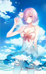 Rule 34 | 1girl, absurdres, bad id, bad pixiv id, baocaizi, bare arms, bare shoulders, beach, blue sky, blush, breasts, cleavage, closed mouth, collarbone, commentary, cowboy shot, day, dress, fate/grand order, fate (series), flower, gluteal fold, hair flower, hair ornament, hair over one eye, halterneck, highres, large breasts, light purple hair, looking at viewer, mash kyrielight, mash kyrielight (swimsuit of perpetual summer), official alternate costume, outdoors, panties, pantyshot, purple eyes, short hair, sky, smile, solo, standing, underwear, white dress, white panties