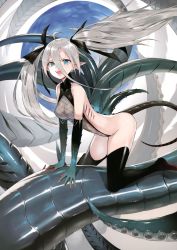 Rule 34 | 1girl, absurdres, bare shoulders, blue eyes, elbow gloves, gills, gloves, highres, leotard, long hair, looking at viewer, original, pointy ears, scan, silver hair, solo, tail, thighhighs, tokiti, webbed hands