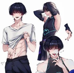 Rule 34 | 1boy, black hair, black pants, black shirt, black sleeves, clothes lift, earrings, elpheltel, genshin impact, hair between eyes, highres, japanese clothes, jewelry, male focus, mouth hold, muscular, muscular male, navel, open mouth, pants, purple eyes, scaramouche (genshin impact), shirt, shirt lift, short hair, solo, stomach, tongue, tongue out, wanderer (genshin impact), white shirt
