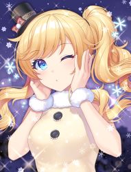 Rule 34 | 1girl, beige dress, black headwear, blonde hair, blue eyes, blush, breasts, commentary, dress, fur-trimmed dress, fur collar, fur trim, hair tie, hands on own face, hands up, highres, idolmaster, idolmaster cinderella girls, idolmaster cinderella girls starlight stage, jenevan, large breasts, long hair, looking at viewer, ohtsuki yui, one eye closed, smile, snowflakes, solo