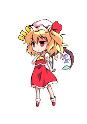 Rule 34 | 1girl, ascot, black eyes, blonde hair, chibi, clip studio paint (medium), closed mouth, collared dress, crystal, dairi, dress, flandre scarlet, frills, full body, hair between eyes, hair ribbon, hand up, hat, jewelry, looking to the side, mob cap, multicolored wings, one side up, puffy short sleeves, puffy sleeves, red dress, red eyes, red footwear, red ribbon, ribbon, shirt, shoes, short hair, short sleeves, simple background, smile, socks, solo, standing, tachi-e, touhou, transparent background, white background, white hat, white shirt, white socks, wings, yellow ascot