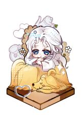 Rule 34 | 1girl, afghan hound, argos (ff14), arm rest, blue eyes, blush stickers, c:, chibi, chibi only, closed eyes, commentary request, cookie, cup, dog, final fantasy, final fantasy xiv, flower, food, heart, korean commentary, leaning on animal, long hair, looking at viewer, muanew11, outline, robe, simple background, smile, sparkle, teacup, teapot, transparent background, u u, venat (ff14), wavy hair, white flower, white hair, white outline, white robe, wide sleeves