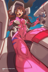 Rule 34 | 1girl, bodysuit, breasts, brown hair, character name, cockpit, controller, curvy, edwin huang, evangelion: 2.0 you can (not) advance, glasses, hairband, highres, interface headset, joystick, long hair, low twintails, makinami mari illustrious, medium breasts, motion blur, neon genesis evangelion, open mouth, pink bodysuit, plugsuit, rebuild of evangelion, red-framed eyewear, redrawn, revision, shouting, sitting, solo, test plugsuit, twintails