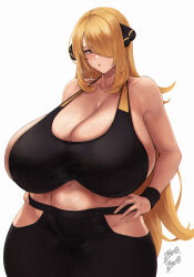 Rule 34 | 1girl, artist name, black eyes, blonde hair, breasts, cleavage, collarbone, cowboy shot, creatures (company), cynthia (pokemon), game freak, hair over one eye, hands on own hips, highres, huge breasts, long hair, navel, nintendo, open mouth, pokemon, pokemon dppt, simple background, solo, sports bra, sweat, thick thighs, thighs, very long hair, white background, zer0zer0