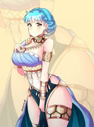 Rule 34 | 1girl, absurdres, armlet, bare shoulders, belly chain, blue dress, blue hair, blush, bracelet, braid, breasts, choker, cleavage, commentary, cowboy shot, crown braid, dancer, dancer (fire emblem: three houses), dress, earrings, fire emblem, fire emblem: three houses, fire emblem heroes, hand on own chest, highres, hip vent, jarckius, jewelry, large breasts, looking at viewer, marianne von edmund, nintendo, official alternate costume, pelvic curtain, short hair, simple background, single-shoulder dress, smile, solo, standing, thighlet, thighs, twitter username, underbust, yellow background, yellow eyes, zoom layer