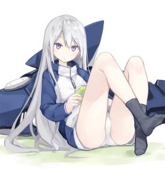 Rule 34 | 1girl, :&lt;, ass, black socks, closed mouth, commentary request, game console, grey hair, holding, jacket, jpeg artifacts, legs up, long hair, long sleeves, looking at viewer, no shoes, original, panties, poco (asahi age), purple eyes, sitting, socks, solo, underwear, very long hair, white background, white panties, zipper