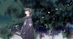Rule 34 | 1boy, adam&#039;s apple, black hair, bug, butterfly, diamond (shape), floating hair, from side, glasses, glowing butterfly, hair over eyes, insect, japanese clothes, jin (samurai champloo), katana, kimono, long hair, long sleeves, looking away, looking up, male focus, nature, ponytail, profile, samurai champloo, sash, solo, starstruckdon, sword, weapon, wind