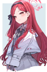 Rule 34 | 1girl, absurdres, black gloves, black hairband, blush, closed mouth, commentary, dress, english commentary, gloves, grey dress, hairband, halo, highres, jacket, long hair, long sleeves, open clothes, open jacket, red hair, red halo, smile, solo, somray, takane (blue archive), upper body, white jacket, yellow eyes