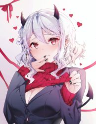 Rule 34 | 1girl, black jacket, black nails, blush, breasts, cleavage, closed mouth, clothes lift, cpqm, demon girl, demon horns, demon tail, fang, fang out, fingernails, gradient background, hair between eyes, hand on own face, heart, heart-shaped pupils, helltaker, highres, horns, jacket, lifted by self, long fingernails, long sleeves, looking at viewer, medium breasts, modeus (helltaker), nail polish, no bra, red eyes, red ribbon, red sweater, ribbon, short hair with long locks, sidelocks, sleeves past wrists, solo, sweater, sweater lift, symbol-shaped pupils, tail, turtleneck, turtleneck sweater, upper body, white background