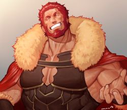 Rule 34 | 1boy, armor, bad id, bad twitter id, bara, beard, cape, cleavage cutout, closed eyes, clothing cutout, facial hair, facing viewer, fate/grand order, fate/zero, fate (series), fur collar, geulim (m0m030m), gradient background, highres, iskandar (fate), large pectorals, leather, male focus, manly, muscular, pectoral cleavage, pectorals, red hair, smile, solo, upper body, veins, wrinkled skin