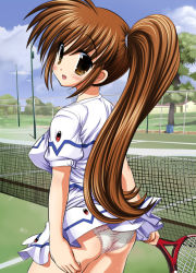 Rule 34 | 00s, ass, back, breasts, brown eyes, brown hair, clothes lift, frilled panties, frills, large breasts, looking back, lyrical nanoha, mahou shoujo lyrical nanoha, mahou shoujo lyrical nanoha strikers, miniskirt, panties, ponytail, racket, raidon, skirt, skirt lift, solo, sportswear, standing, takamachi nanoha, tennis, tennis net, tennis racket, tennis uniform, underwear, wind
