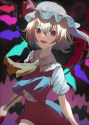 Rule 34 | 1girl, 38 (sanjuuhachi), absurdres, ascot, black background, blonde hair, buttons, collar, crystal, flandre scarlet, hair between eyes, hat, hat ribbon, highres, jewelry, light, looking at viewer, mob cap, multicolored wings, one side up, open mouth, pink background, polearm, puffy short sleeves, puffy sleeves, purple background, red eyes, red ribbon, red skirt, red vest, ribbon, shadow, shirt, short hair, short sleeves, skirt, smile, solo, spear, touhou, vest, weapon, white hat, white shirt, wings, yellow ascot