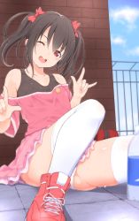 Rule 34 | 10s, 1girl, :d, ;d, black hair, bottle, bow, breasts, brick, brick wall, brown hair, cloud, collarbone, covered erect nipples, day, double m/, dress, hair bow, highres, laces, looking at viewer, love live!, love live! school idol project, m/, makabe gorou, off-shoulder dress, off shoulder, one eye closed, open mouth, outdoors, panties, red eyes, shoes, sitting, sky, small breasts, smile, sneakers, solo, sweatdrop, tank top, teeth, thighhighs, thighs, twintails, underwear, water bottle, white panties, white thighhighs, wink, yazawa nico