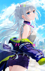Rule 34 | 1girl, blue eyes, blue sky, blush, cloud, floating hair, from side, fuumi (radial engine), grey shirt, hair ornament, hairclip, jacket, long hair, long sleeves, looking at viewer, looking to the side, off shoulder, open clothes, open jacket, original, outdoors, purple shorts, shirt, short shorts, shorts, sidelocks, sky, smile, solo, two side up