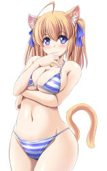 Rule 34 | 1girl, animal ears, bikini, blonde hair, blue eyes, blush, breast rest, breasts, cat ears, cat tail, cleavage, large breasts, looking at viewer, milk (tonpuu), navel, original, pudding (tonpuu), smile, solo, standing, striped bikini, striped clothes, swimsuit, tail, tonpuu, twintails