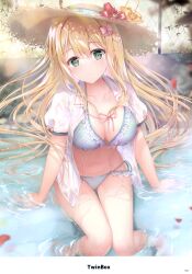 Rule 34 | 1girl, absurdres, artist name, bikini, blonde hair, breasts, closed mouth, collarbone, day, flower, frilled bikini, frills, green eyes, hair ornament, hat, hibiscus, highres, inagaki minami, jacket, long hair, looking at viewer, medium breasts, melonbooks, navel, open clothes, open jacket, outdoors, page number, partially submerged, petals, ribbon, scan, short sleeves, simple background, sitting, smile, solo, sousouman, stomach, straw hat, swimsuit, thighs, twinbox school, water, water drop, wet, wet clothes