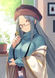 Rule 34 | 1girl, azur lane, black-framed eyewear, black headwear, blue sweater, breasts, brown eyes, bug, butterfly, butterfly on hand, closed mouth, commentary request, day, drawing (object), glasses, hand on own arm, highres, id card, indoors, insect, long hair, long sleeves, looking at viewer, medium breasts, parted bangs, plant, potted plant, semi-rimless eyewear, shangri-la (azur lane), shangri-la (utopia&#039;s collector) (azur lane), shawl, shimotsuki shio, sidelocks, silver hair, smile, solo, sweater, turtleneck, turtleneck sweater, under-rim eyewear, upper body, very long hair, window