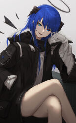 Rule 34 | 1girl, absurdres, arknights, black jacket, black wings, blue eyes, blue hair, cross, cross necklace, crossed legs, dark halo, detached wings, energy wings, feet out of frame, fur-trimmed hood, fur trim, gloves, grey background, halo, hand in pocket, highres, hood, hood down, hooded jacket, jacket, jewelry, layered sleeves, long hair, looking at viewer, mostima (arknights), necklace, open clothes, open jacket, open mouth, simple background, sitting, solo, suzutaro, thighs, white gloves, wings