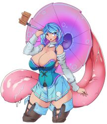 Rule 34 | 1girl, adapted costume, bare shoulders, blue eyes, blue hair, blue skirt, blue vest, breasts, commentary, cowboy shot, greenm, heterochromia, highres, holding, holding umbrella, huge breasts, medium hair, pink umbrella, red eyes, simple background, skirt, solo, tatara kogasa, thighs, tongue, tongue out, touhou, umbrella, vest, white background