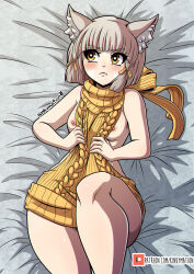 Rule 34 | 1girl, animal ear fluff, animal ears, artist name, blunt bangs, blush, breasts, cable knit, cat ears, facial mark, grey hair, hair ribbon, heart, heart in eye, highres, kinkymation, looking to the side, lying, meme attire, naked sweater, nia (xenoblade), nipple slip, nipples, on back, on bed, patreon username, ribbed sweater, ribbon, short hair, small breasts, solo, sweater, symbol in eye, turtleneck, turtleneck sweater, virgin killer sweater, xenoblade chronicles (series), xenoblade chronicles 2, yellow eyes, yellow ribbon, yellow sweater