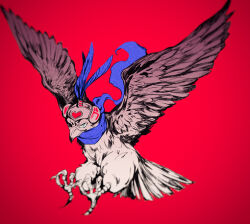 Rule 34 | animal, bird, blue eyes, blue scarf, closed mouth, commentary request, eagle, feather hair ornament, feathers, hair ornament, jojo no kimyou na bouken, mizudama, no humans, pet shop, red background, scarf, simple background, solo, stardust crusaders