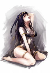 Rule 34 | 1girl, arm behind head, bare arms, bare legs, barefoot, between legs, blunt bangs, bodystocking, bodysuit, breasts, cape, cleavage, female focus, fire emblem, fire emblem awakening, hair ornament, hand between legs, highres, long hair, looking at viewer, naughty face, nintendo, open mouth, purple hair, red eyes, serge komiko, sitting, solo, tharja (fire emblem), tongue, tongue out, torn bodystocking, torn bodysuit, torn clothes, two side up