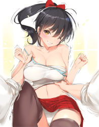 Rule 34 | 1girl, black hair, breasts, camisole, cleavage, collarbone, hair ribbon, large breasts, laughing, long hair, looking at viewer, navel, non-web source, one eye closed, original, panties, pleated skirt, ponytail, red ribbon, red skirt, ribbon, simple background, skirt, stomach, strap slip, tears, thighhighs, tickling, tickling breasts, tickling sides, underwear, white camisole, white panties, yaegashi nan