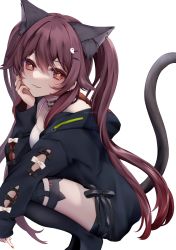 Rule 34 | 1girl, :3, absurdres, animal ears, asahi (vjss4548), black thighhighs, brown hair, casual, cat ears, choker, genshin impact, ghost, hair ornament, hairpin, highres, hood, hoodie, hu tao (genshin impact), long sleeves, looking at viewer, red eyes, smile, solo, squatting, tank top, thighhighs, thighs, twintails, wavy mouth, white tank top