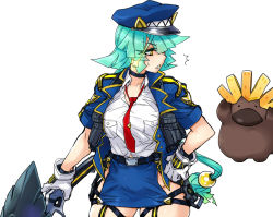 Rule 34 | 1girl, ^^^, black choker, blue hair, blue hat, blue jacket, blue skirt, breast pocket, choker, collared shirt, contrapposto, cowboy shot, gloves, hand on own hip, hat, holding, jacket, long hair, looking back, necktie, open clothes, open jacket, original, peaked cap, pocket, police, police uniform, policewoman, pouch, red neckwear, sharp teeth, shirt, short sleeves, simple background, skirt, skj, standing, teeth, unbuttoned, unbuttoned shirt, uniform, white background, white gloves, white shirt, wing collar, yellow eyes