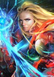 Rule 34 | 1girl, arm cannon, blonde hair, blue eyes, breasts, digital dissolve, eyebrows, lips, long hair, looking at viewer, making-of available, medium breasts, metroid, nintendo, nose, portrait, powering up, realistic, ross tran, samus aran, solo, transformation, upper body, varia suit, weapon, zero suit